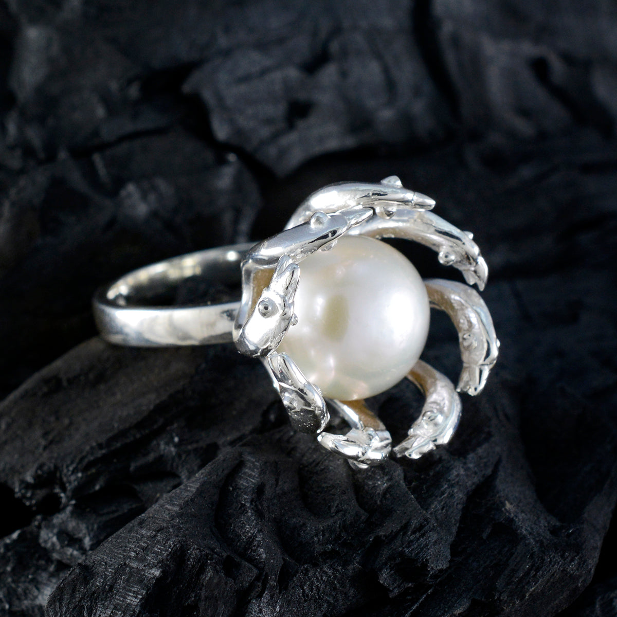 Pearl Solitaire Italian Silver White Gemstones Edgy Abstract Ring Jewelry