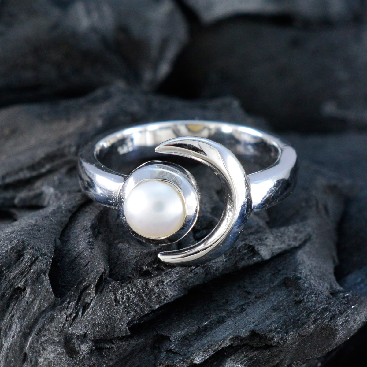 Pearl Solitaire German Sterling Silver White Gems Slim Moon & Sun Ring Jewellery