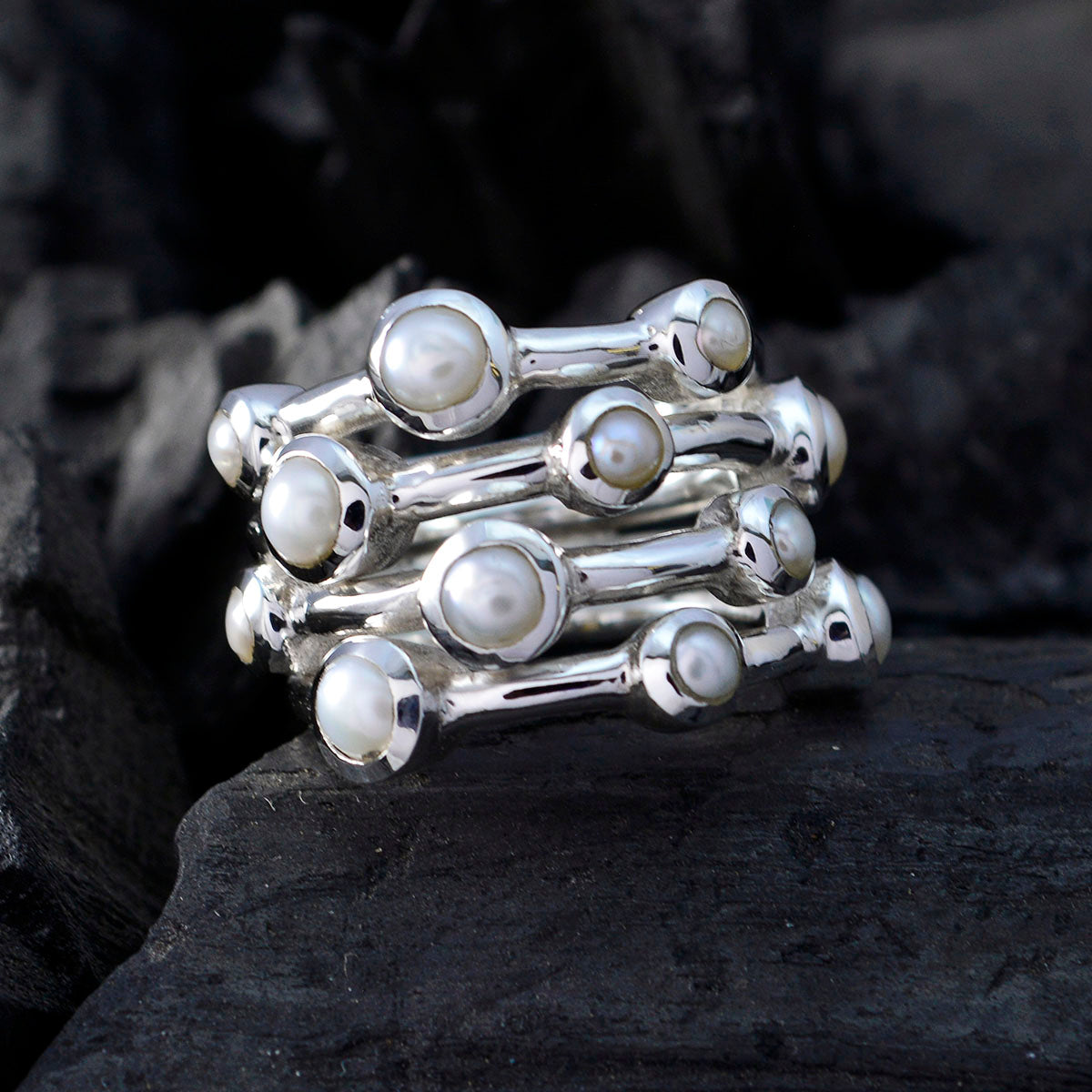 Pearl multiple Italian Silver White Gemstones Statement Armor Ring Jewelry