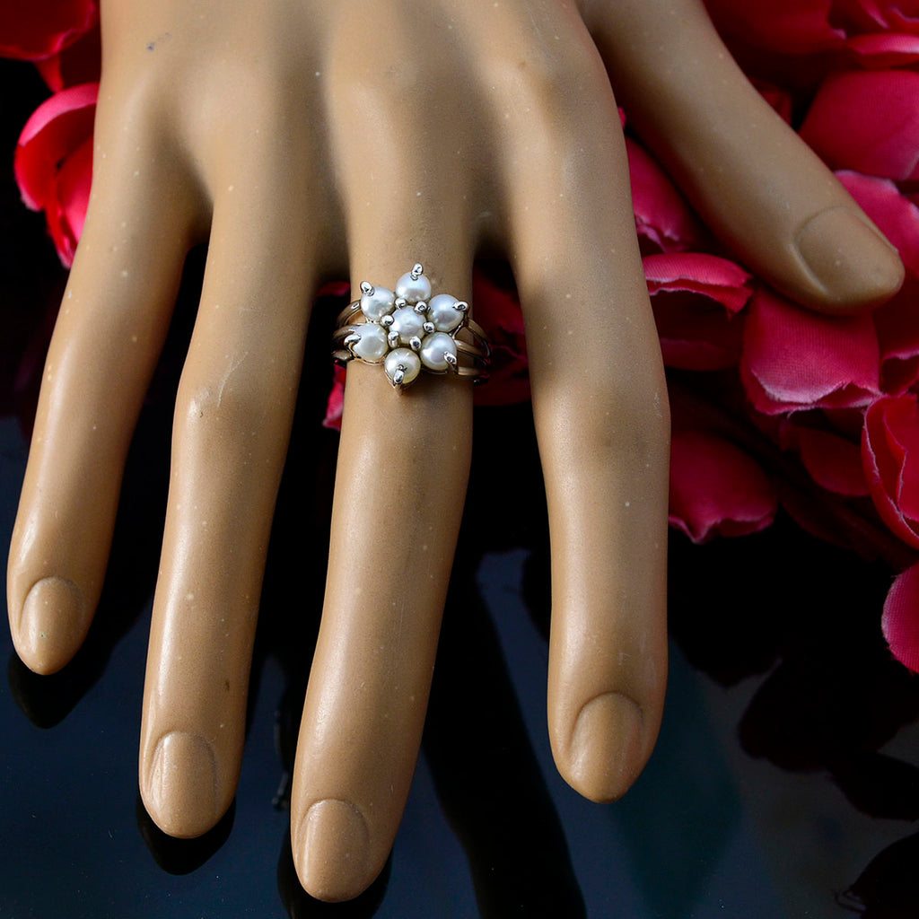 Pearl Hepta Indian 925 Silver White Gemstone Minimal Floral Ring Jewelry