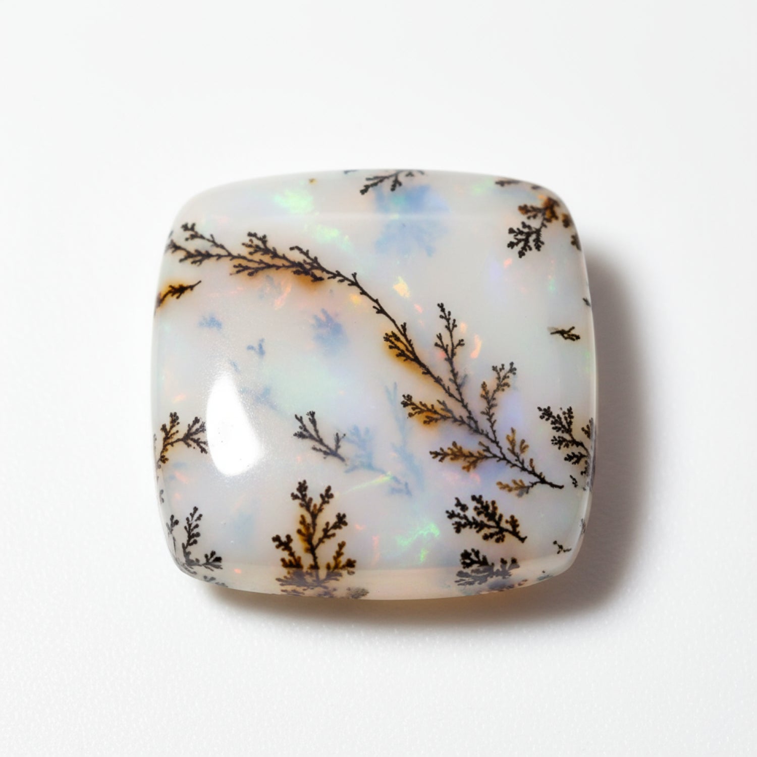 Dendritenopal, 1 Stück, klein, 8 x 8 mm, Kissen-Cabochon, weiß, feurig, Halbedelstein, loser Edelstein