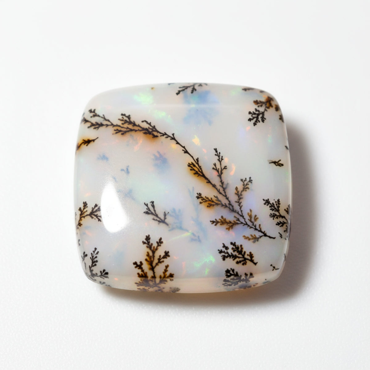 Dendritenopal, 1 Stück, klein, 8 x 8 mm, Kissen-Cabochon, weiß, feurig, Halbedelstein, loser Edelstein