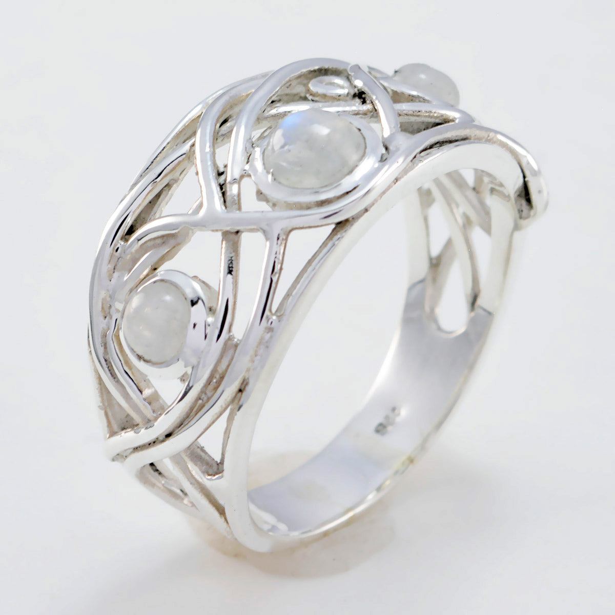 Delicate Gemstone Rainbow Moonstone Sterling Silver Ring Hamsa Jewelry