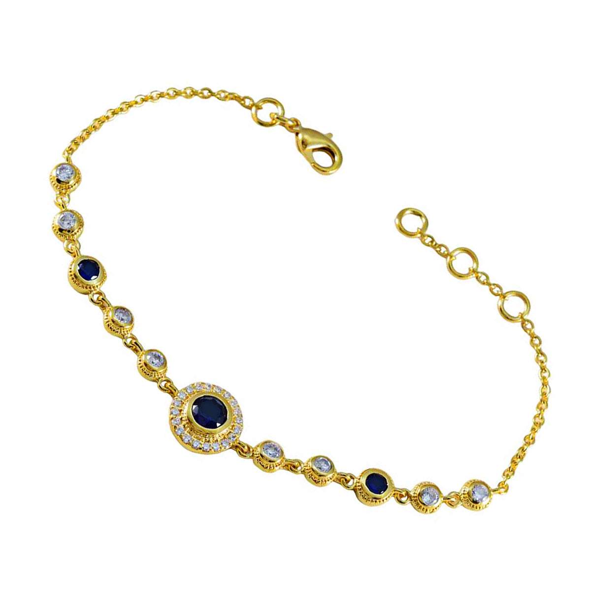 Riyo complet en argent sterling 925 avec bracelet plaqué or pour fille, bracelet à réglage de lunette en supphire bleu avec lien en hameçon, bracelet à breloques taille L 6 à 8,5 pouces.