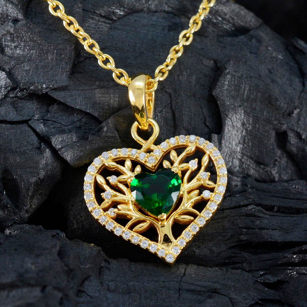 Riyo Lovely Gems Heart Faceted Green Emerald Cz Solid Silver Pendant Gift For Wedding