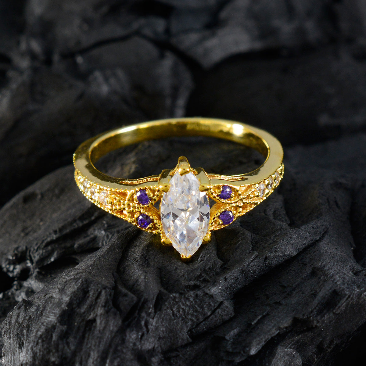 Anillo de plata antiguo riyo con chapado en oro amarillo, piedra amatista, ajuste de punta en forma de marquesa, joyería de moda, anillo de cumpleaños