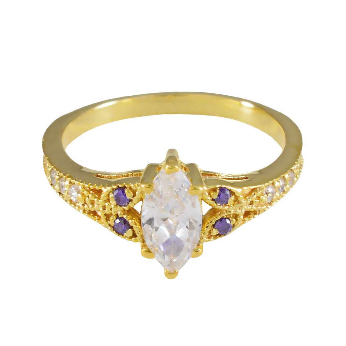 Антикварное серебряное кольцо riyo с покрытием из желтого золота, аметист, камень маркиза, закрепка зубца, модные украшения, кольцо на день рождения