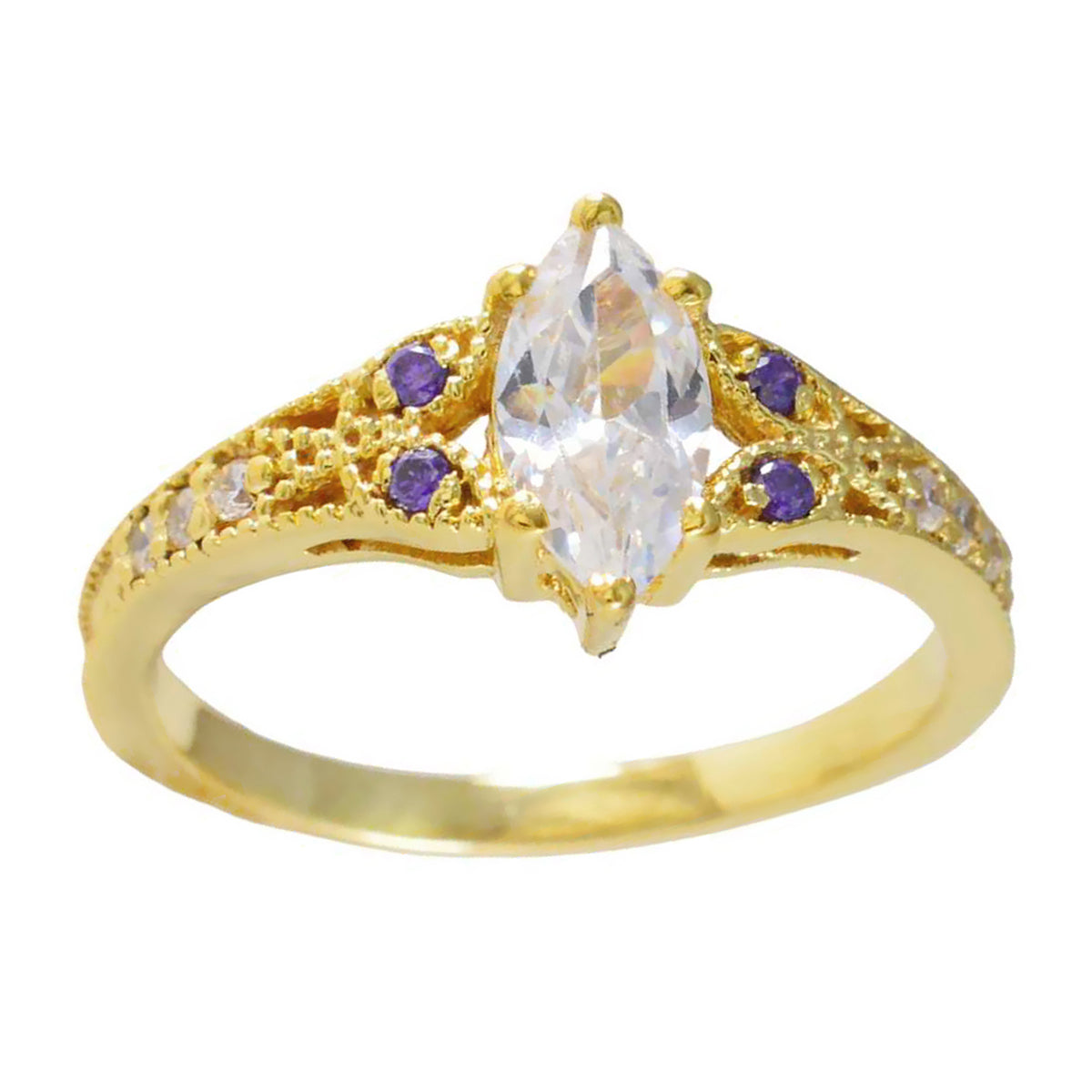 Riyo Antique Silver Ring With Yellow Gold Plating Amethyst Stone Marquise Shape Prong Setting Fashion Jewelry Birthday Ring