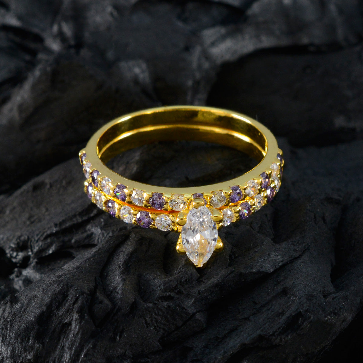 riyo attraktiv silverring med gul guldplätering ametiststen marquise form stift inställning designer smycken svart fredag ring