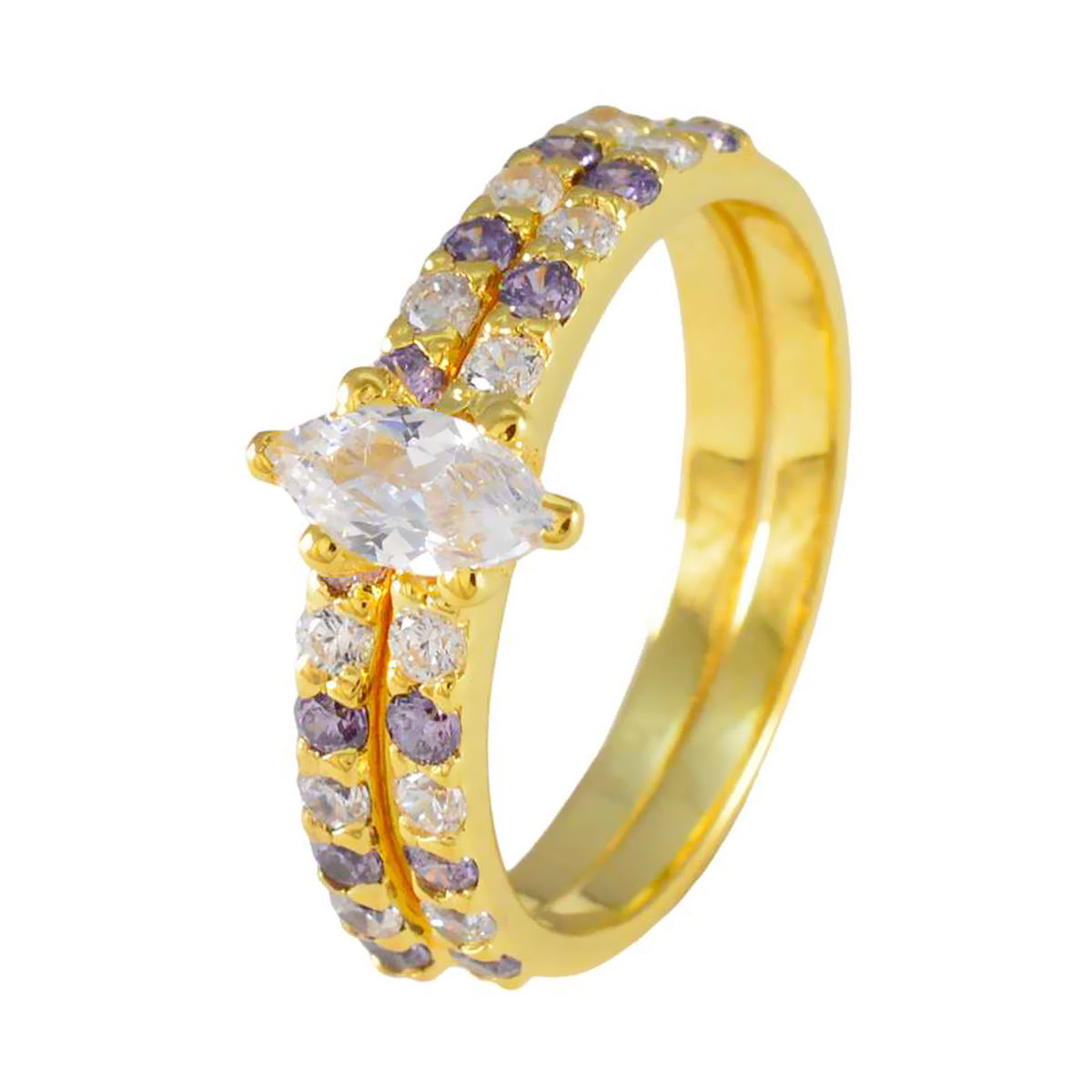 Atractivo anillo de plata riyo con chapado en oro amarillo, piedra amatista, forma de marquesa, ajuste de punta, joyería de diseñador, anillo de viernes negro
