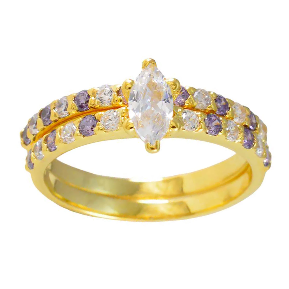 Riyo Attractive Silver Ring With Yellow Gold Plating Amethyst Stone Marquise Shape Prong Setting Designer Jewelry Black Friday Ring