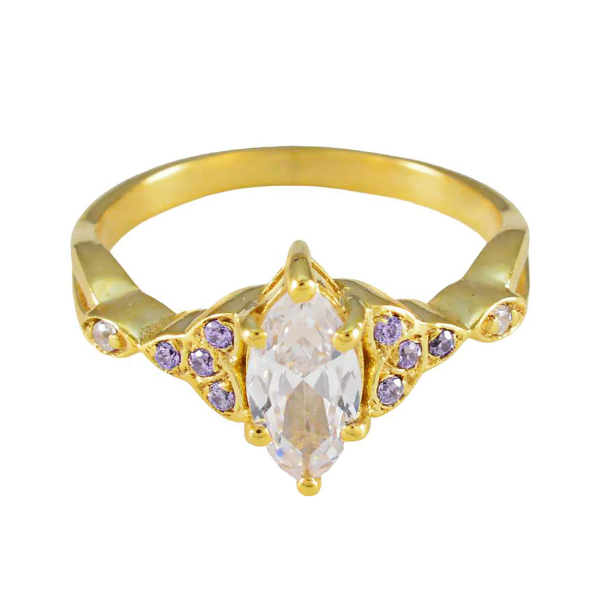 Hermoso anillo de plata riyo con anillo de Navidad chapado en oro amarillo con forma de marquesa y piedra amatista
