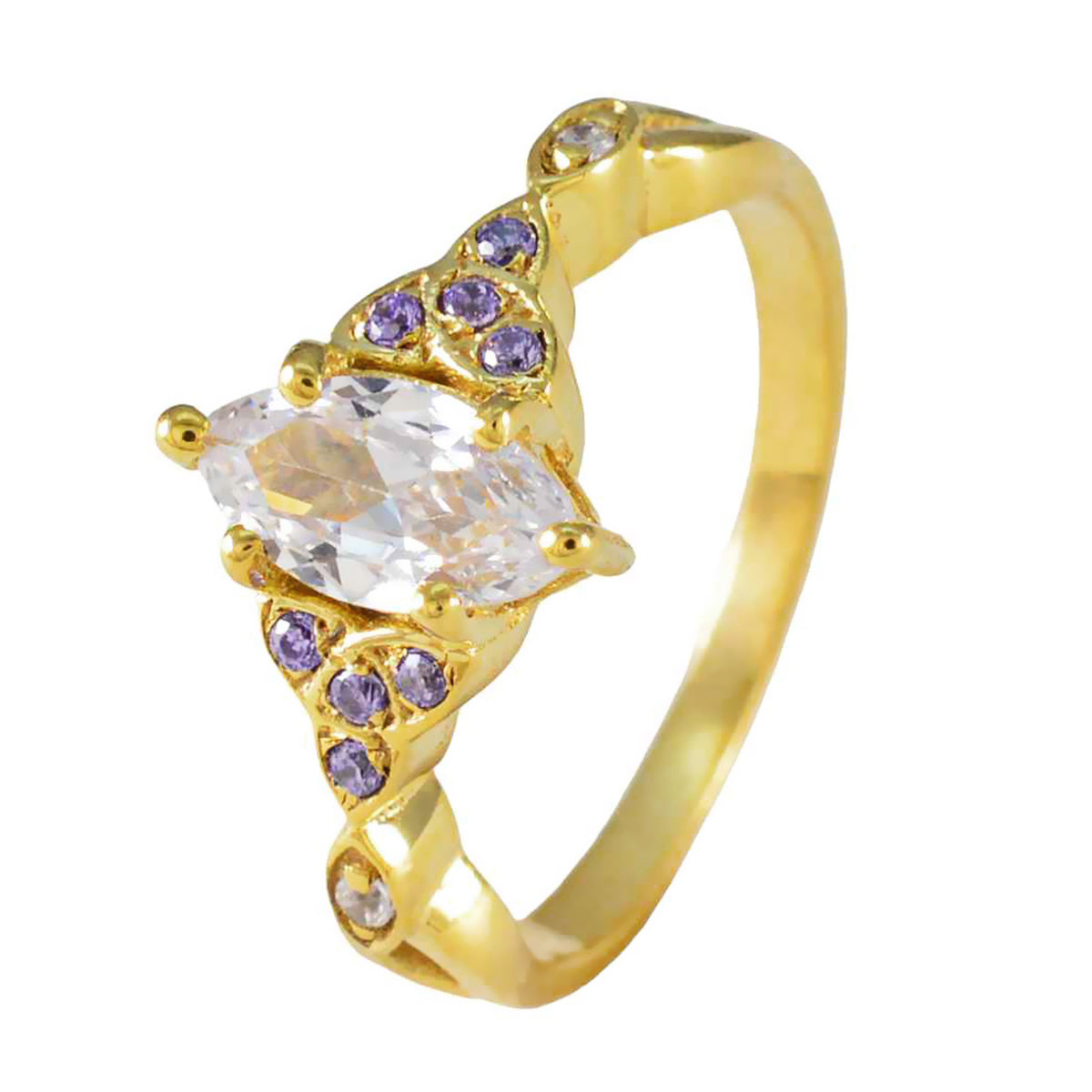 Riyo Beautiful Silver Ring With Yellow Gold Plating Amethyst Stone Marquise Shape Prong Setting Christmas Ring
