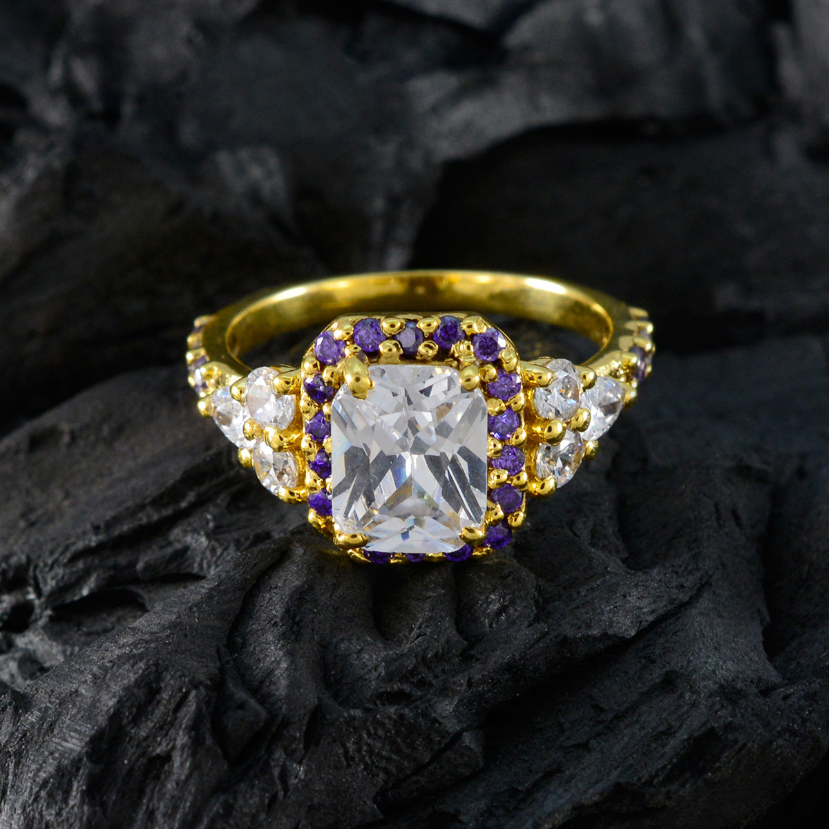Серебряное кольцо riyo best с покрытием из желтого золота, аметист, восьмиугольная форма, закрепка зубца, старинное ювелирное изделие, коктейльное кольцо