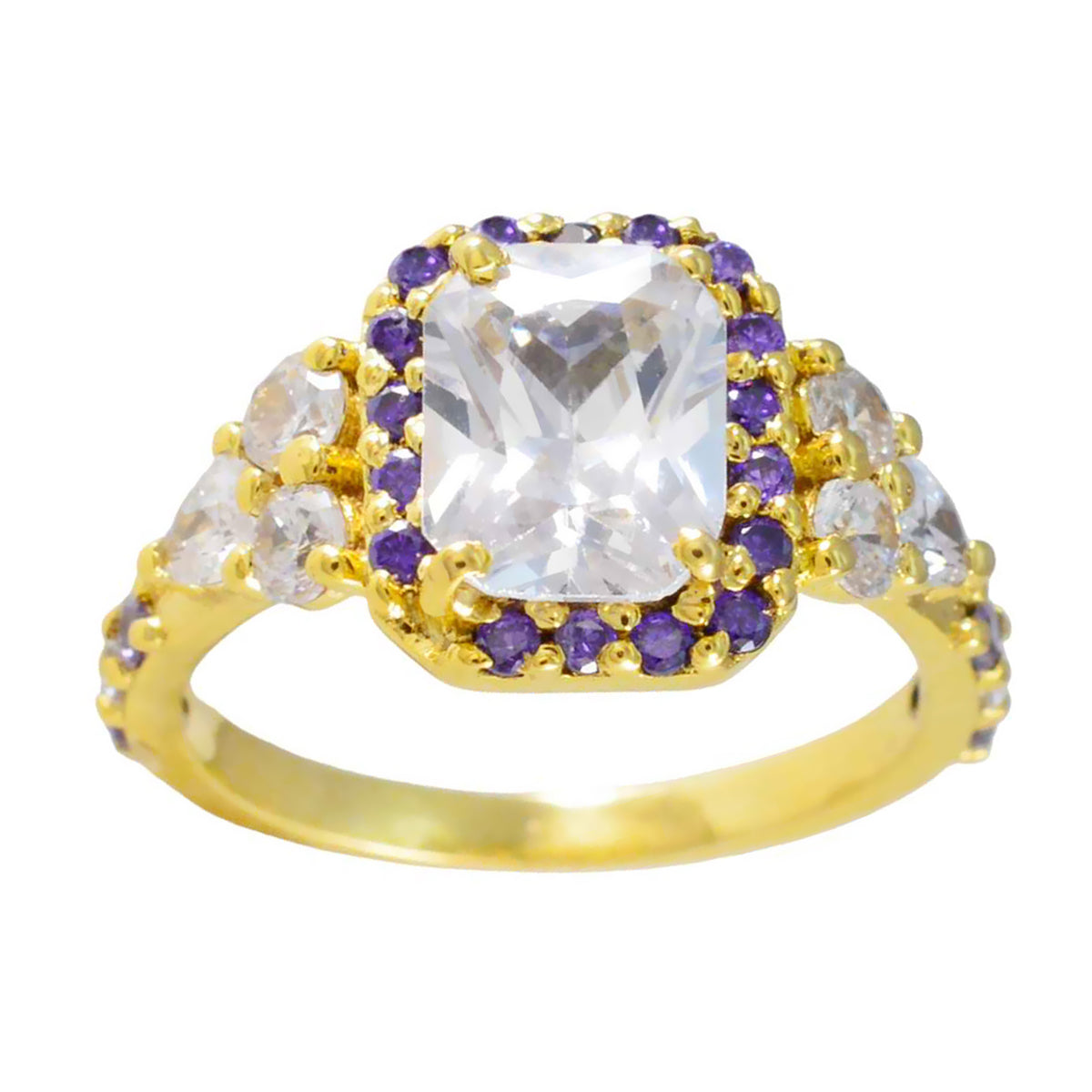 Riyo Best Silver Ring With Yellow Gold Plating Amethyst Stone Octagon Shape Prong Setting Antique Jewelry Cocktail Ring