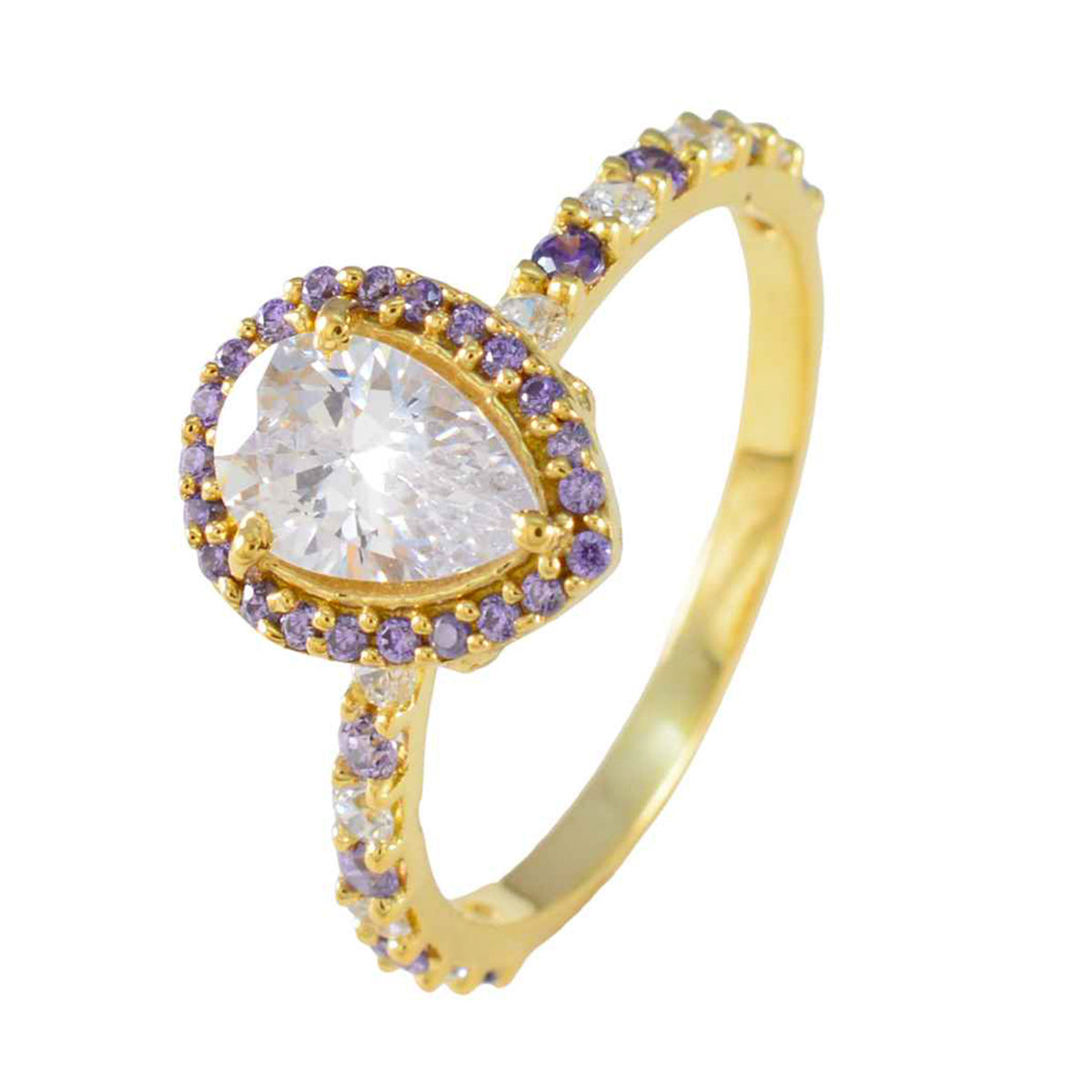anello riyo in argento sfuso con placcatura in oro giallo, pietra di ametista, punta a forma di pera, anello pasquale per gioielli da sposa