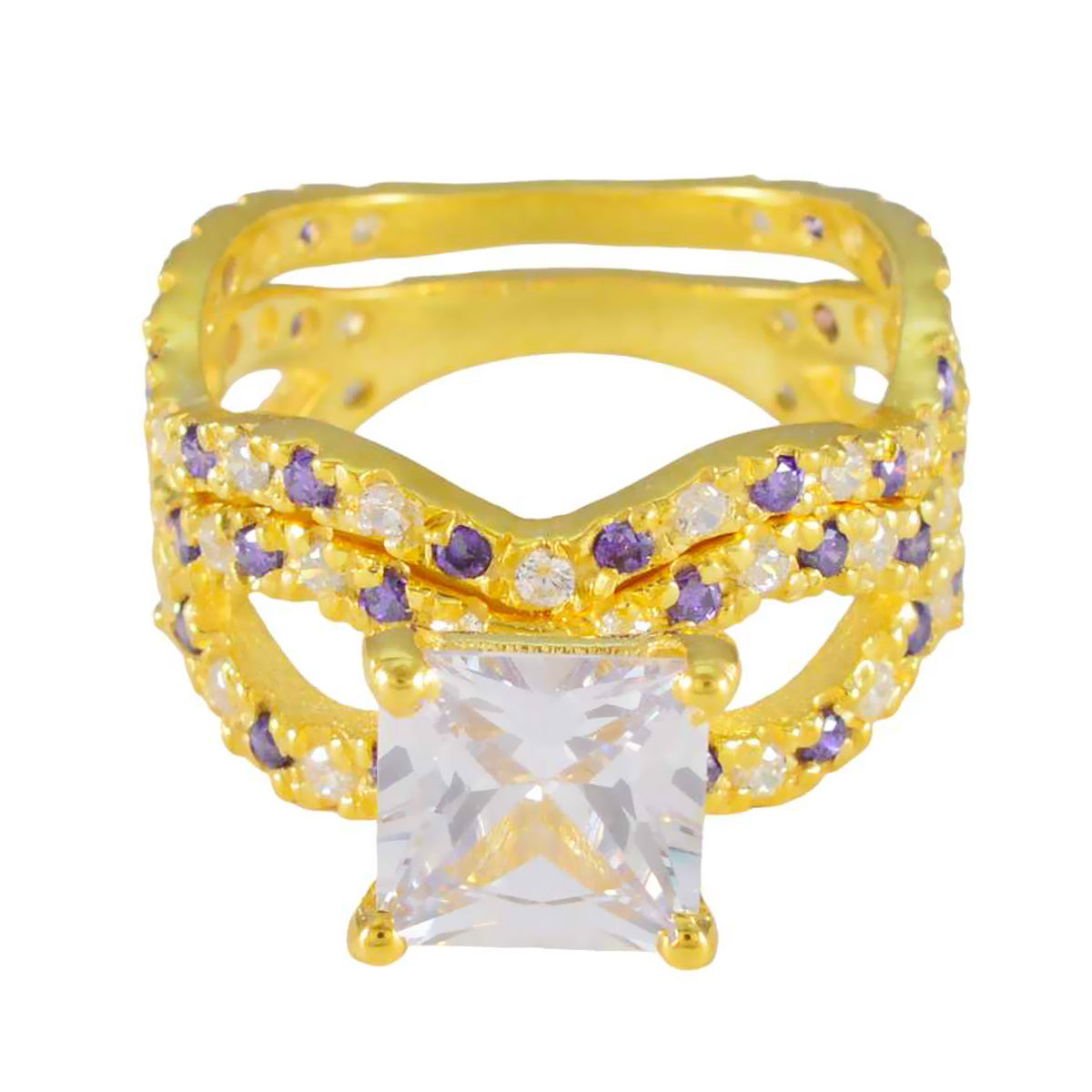 Encantador anillo de plata riyo con chapado en oro amarillo, piedra amatista, forma cuadrada, ajuste de punta, joyería hecha a mano, anillo de compromiso