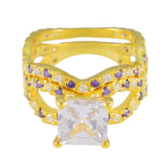 Riyo 魅力的なシルバーリング、イエローゴールドメッキアメジストストーンスクエア形状プロングセッティング handamde ジュエリー婚約指輪