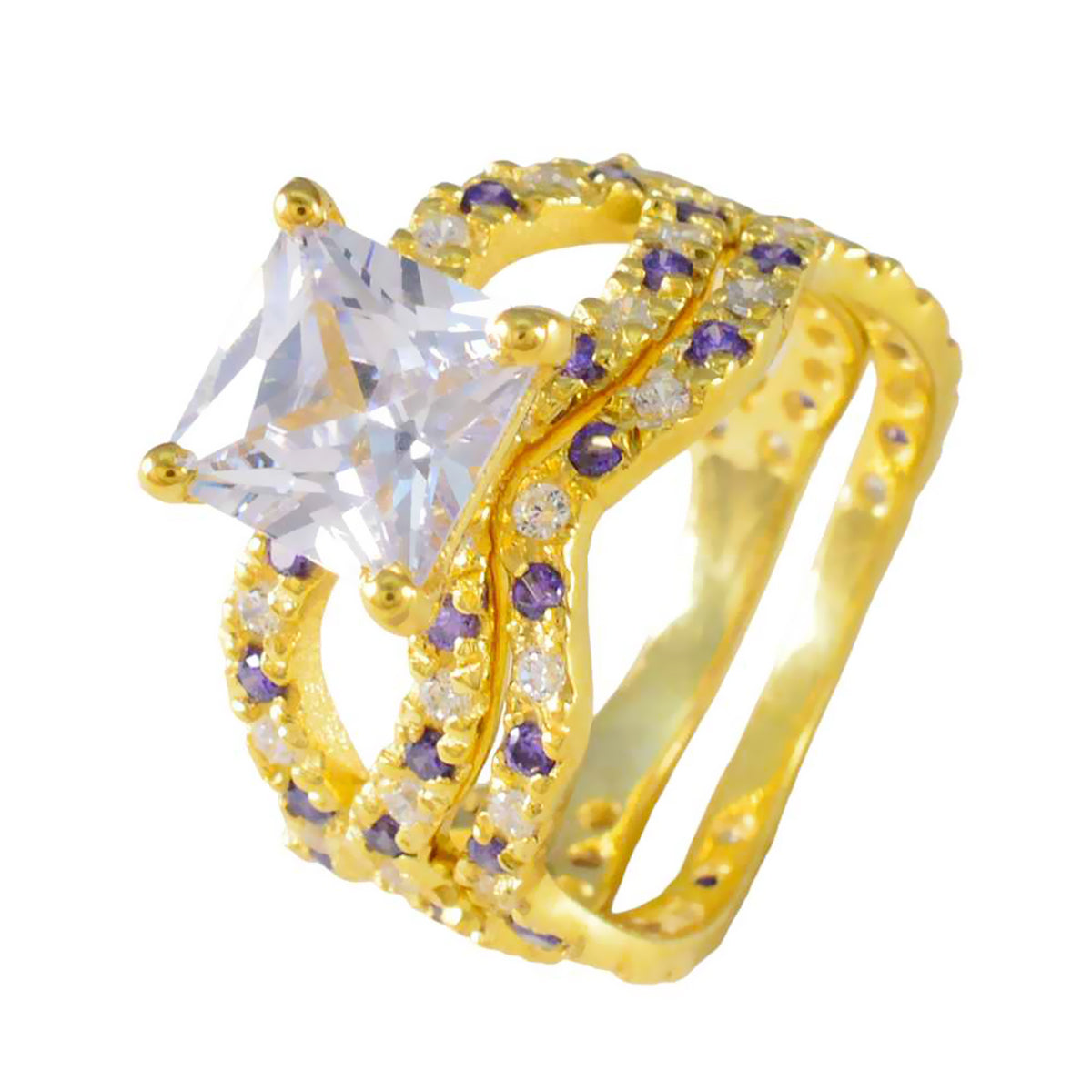 Riyo 魅力的なシルバーリング、イエローゴールドメッキアメジストストーンスクエア形状プロングセッティング handamde ジュエリー婚約指輪