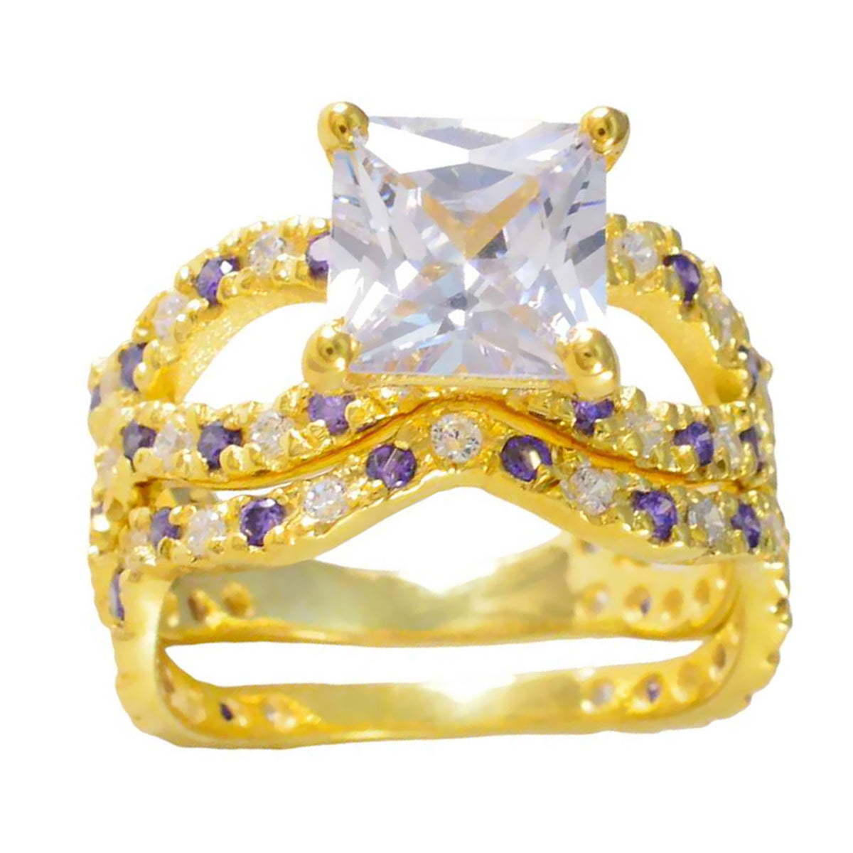 Riyo Charming Silver Ring With Yellow Gold Plating Amethyst Stone Square Shape Prong Setting Handamde Jewelry Engagement Ring