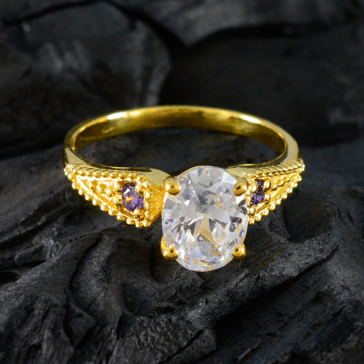 Riyo Classical Silver Ring With Yellow Gold Plating Amethyst Stone Oval Shape Prong Setting Stylish Jewelry Graduation Ring