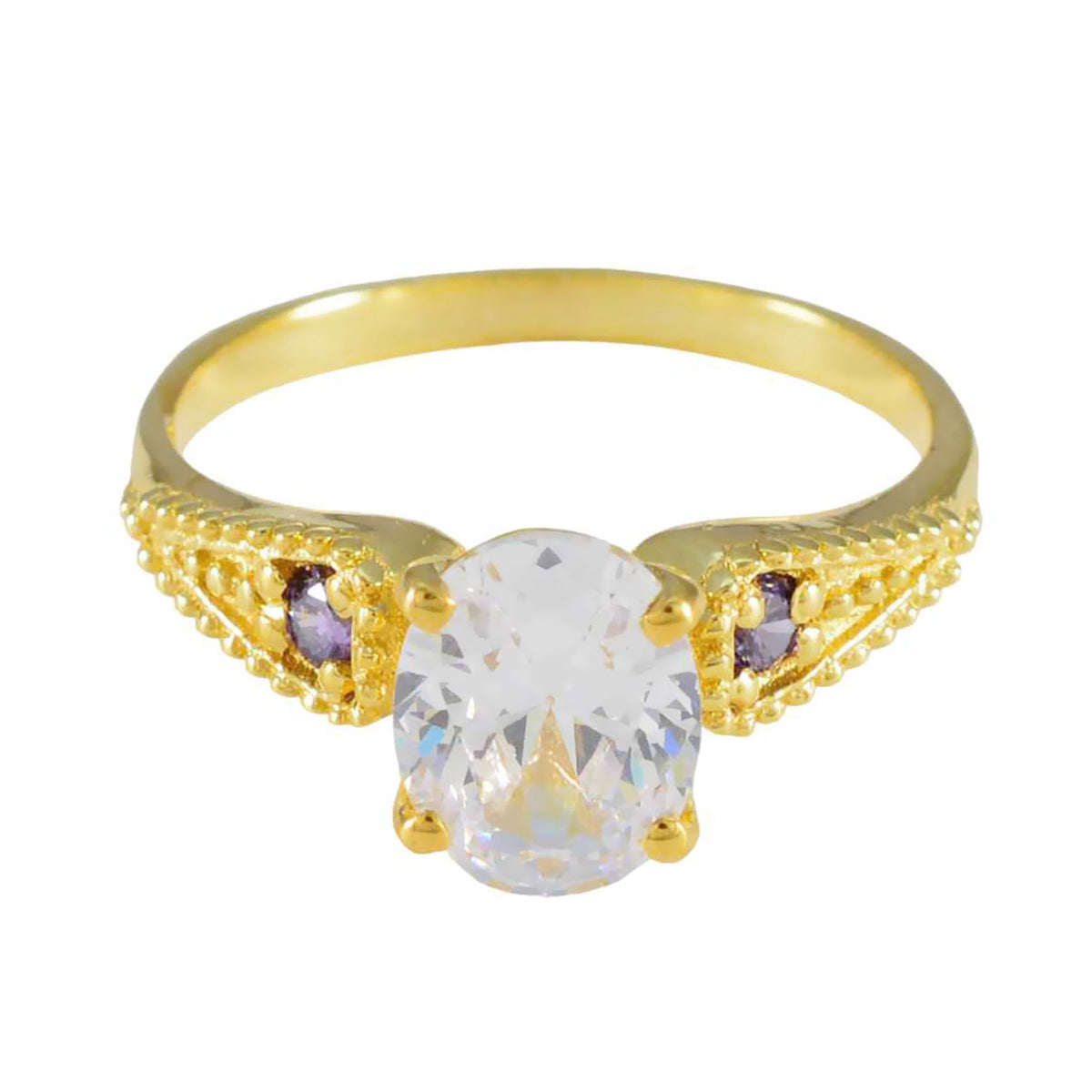 Anillo de plata clásico riyo con chapado en oro amarillo, piedra amatista, forma ovalada, ajuste de punta, joyería elegante, anillo de graduación