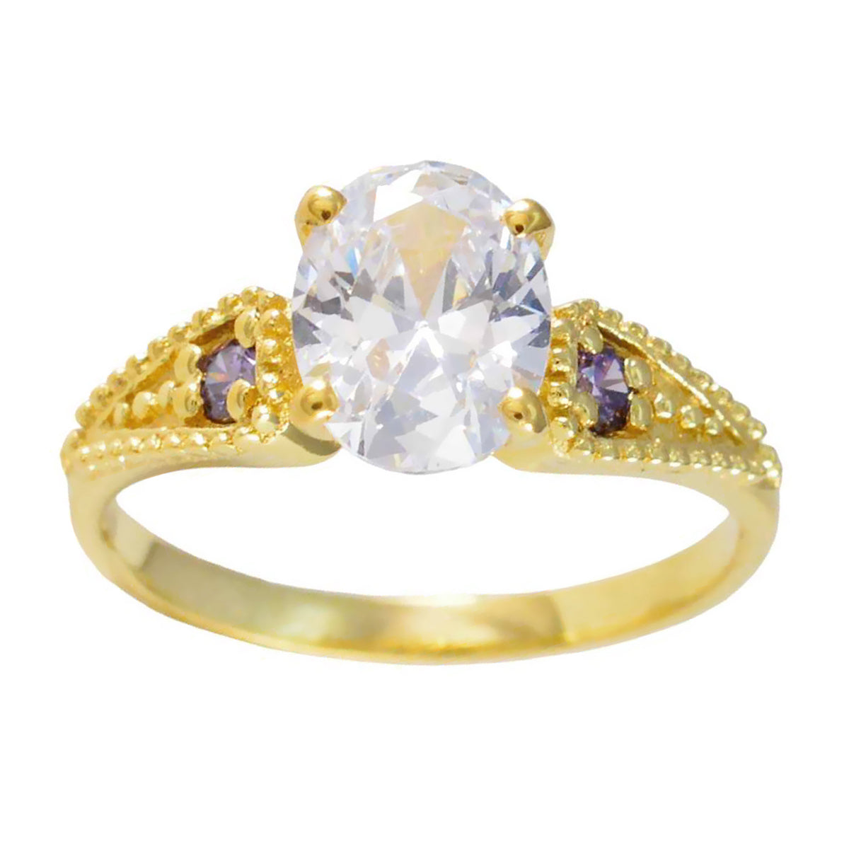 Классическое серебряное кольцо riyo с покрытием из желтого золота, камень овальной формы с аметистом, закрепка зубца, стильное ювелирное украшение, выпускное кольцо