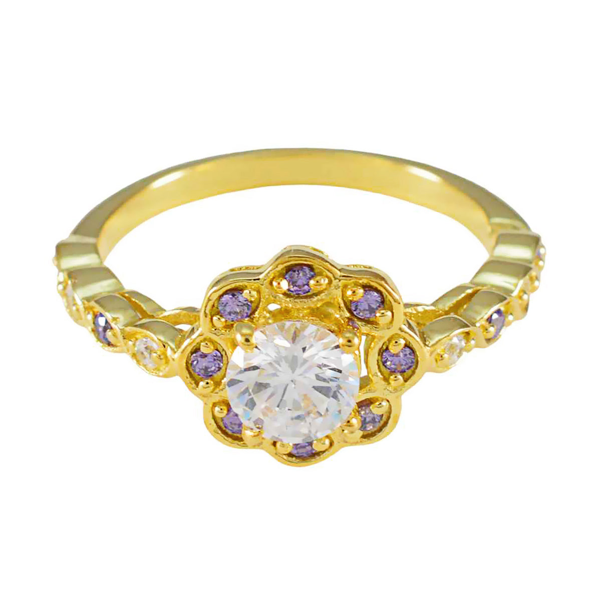 anello riyo personalizzato in argento con placcatura in oro giallo, pietra di ametista, forma rotonda, montatura a punta, gioielli firmati, anello per la festa della mamma