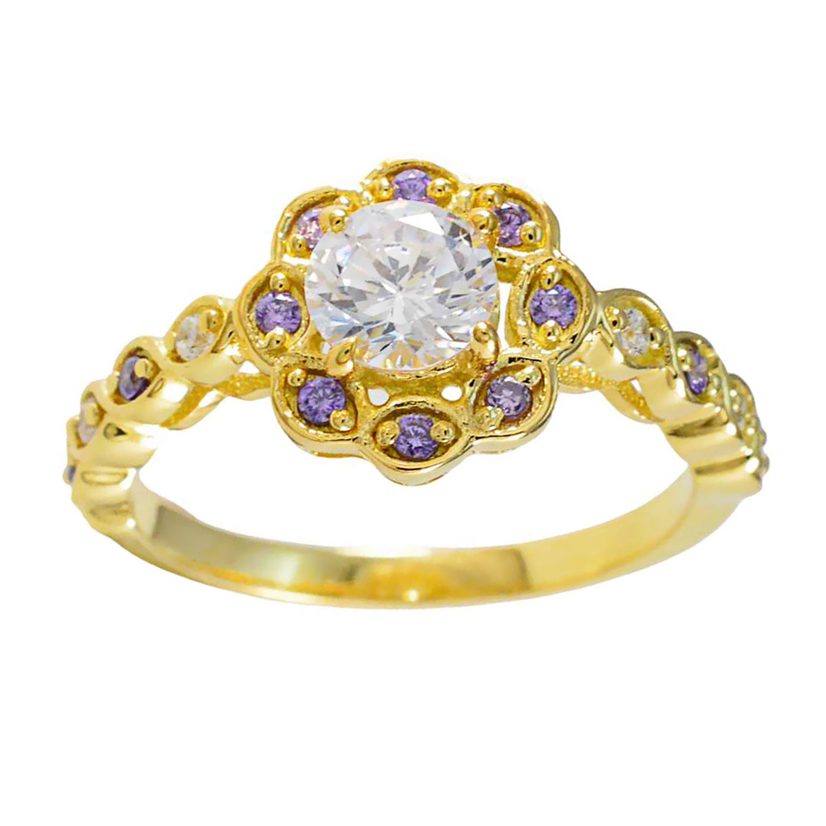 Серебряное кольцо riyo на заказ с покрытием из желтого золота, аметист, круглая форма, зубец, дизайнерское ювелирное кольцо, кольцо на день матери