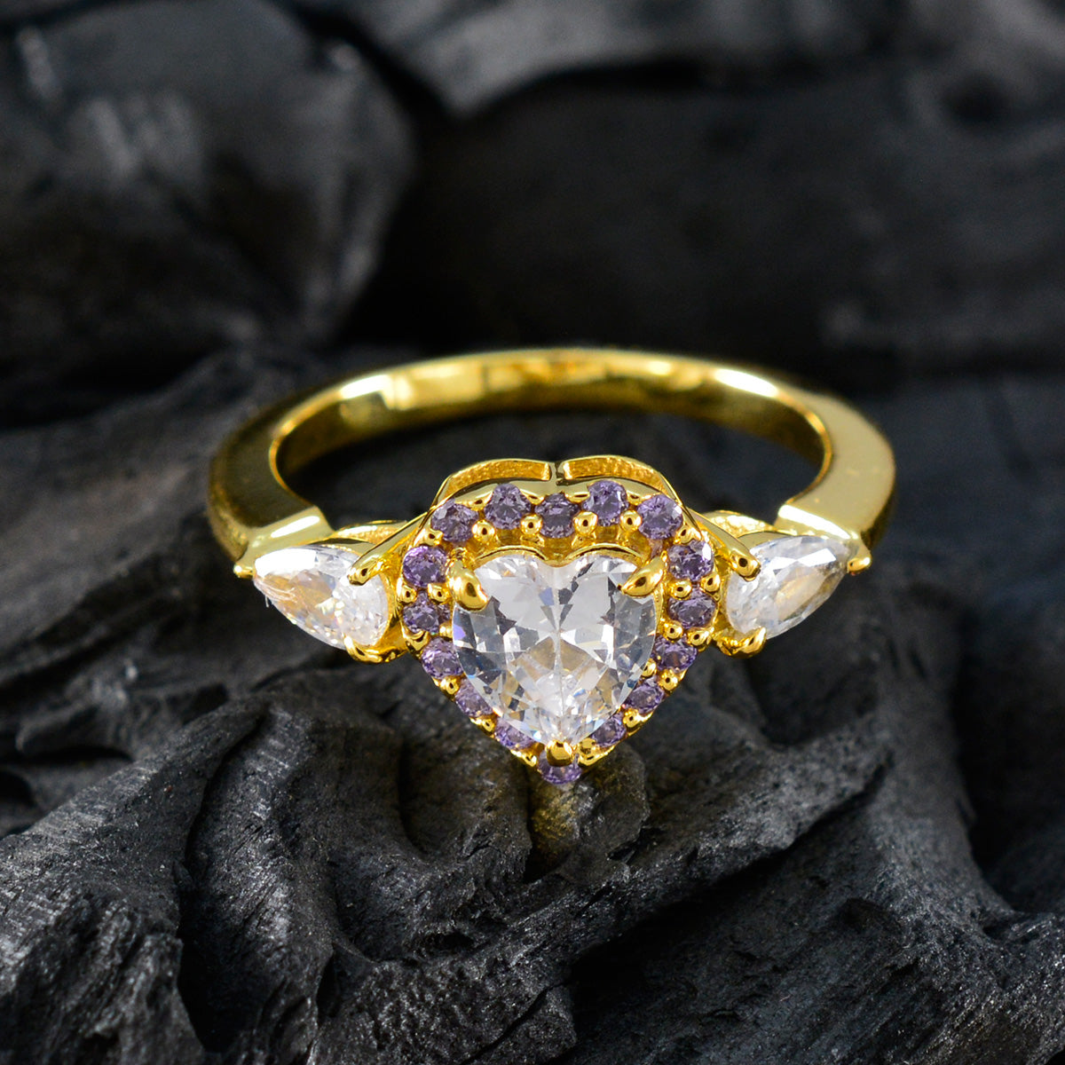 Riyo – bague en argent éblouissante avec placage en or jaune, pierre d'améthyste en forme de cœur, bijoux à griffes, bague du nouvel an