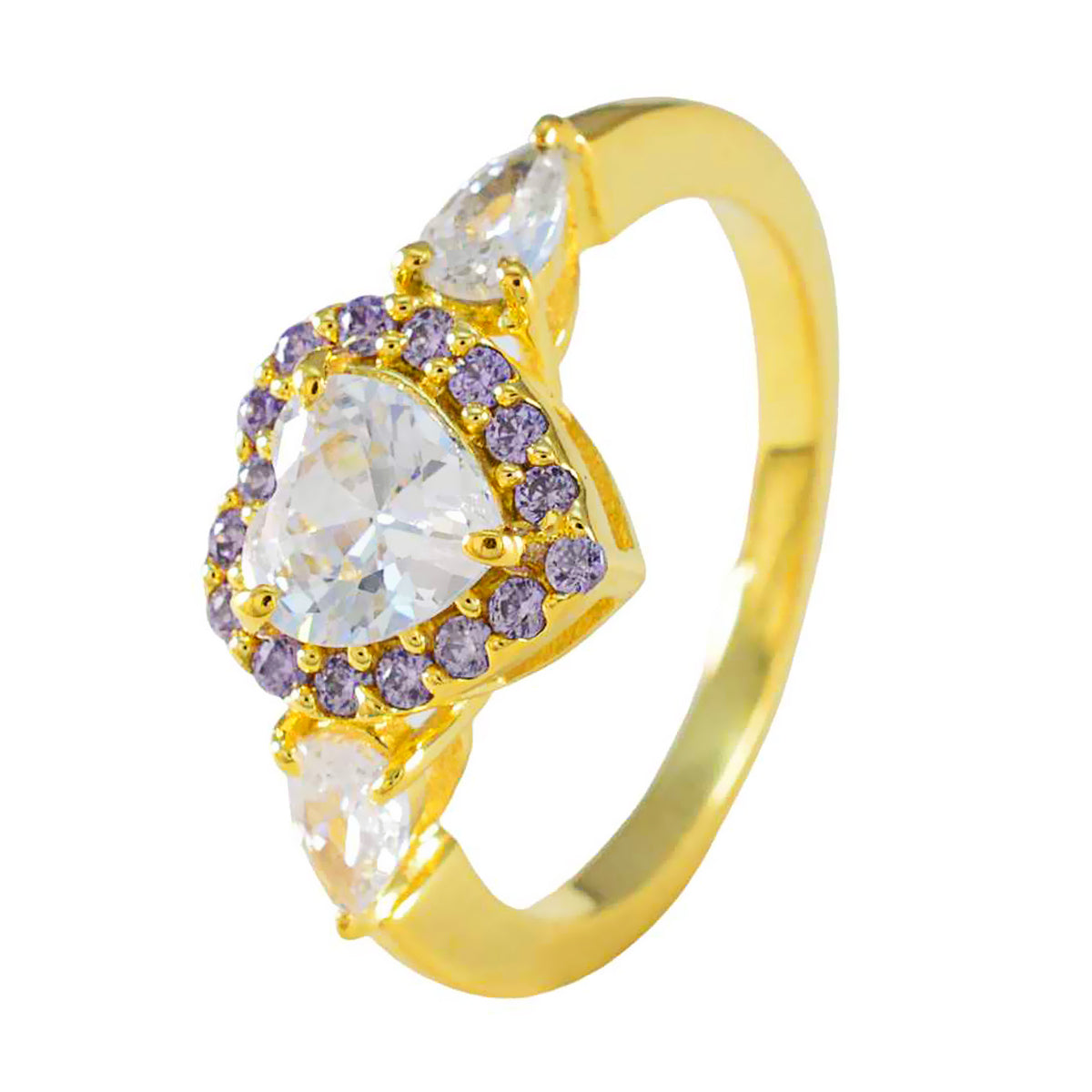 Riyo Dazzling Silver Ring With Yellow Gold Plating Amethyst Stone Heart Shape Prong Setting Jewelry New Year Ring