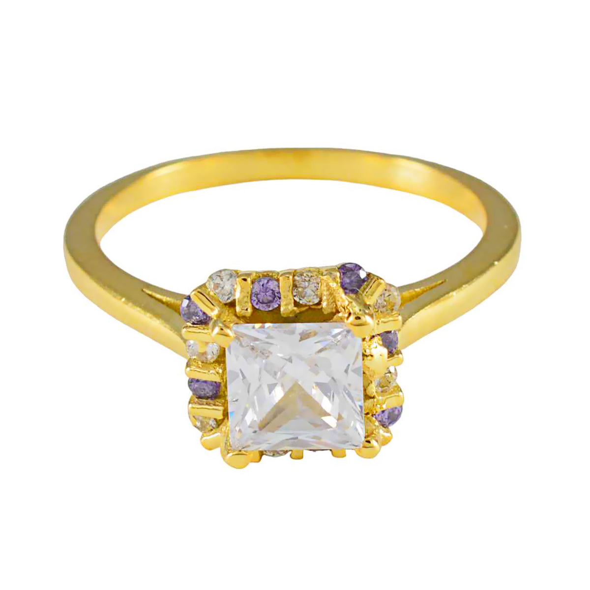 Riyo elegante anillo de plata con chapado en oro amarillo piedra amatista forma cuadrada ajuste de punta joyería hecha a mano anillo de boda