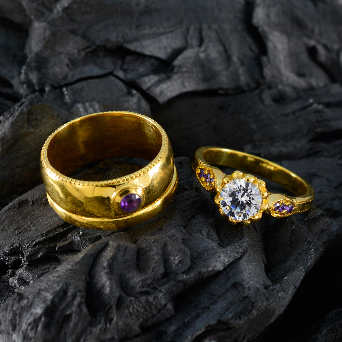 riyo eccellente anello in argento con placcatura in oro giallo con pietra di ametista a forma rotonda con montatura a punta, anello anniversario con gioielli personalizzati