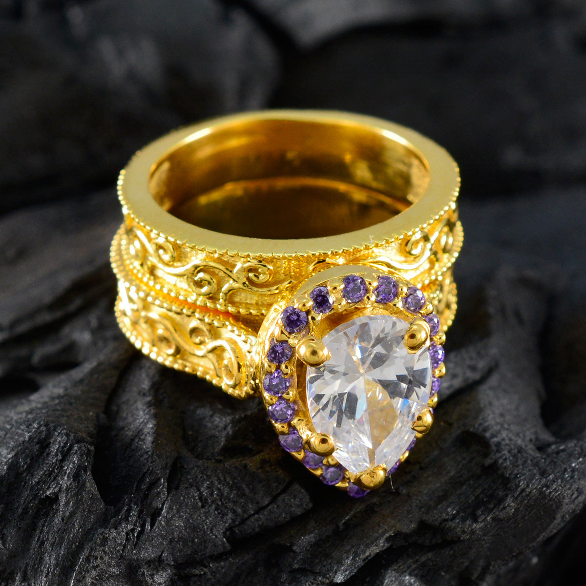 riyo eccellente anello in argento con placcatura in oro giallo, pietra di ametista, punta a forma di pera, elegante anello di compleanno per gioielli