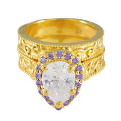 Excelente anillo de plata riyo con chapado en oro amarillo, piedra amatista, ajuste de punta en forma de pera, joyería elegante, anillo de cumpleaños