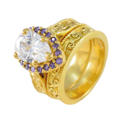 Excelente anillo de plata riyo con chapado en oro amarillo, piedra amatista, ajuste de punta en forma de pera, joyería elegante, anillo de cumpleaños
