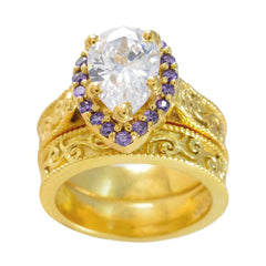 Riyo Excellent Silver Ring With Yellow Gold Plating Amethyst Stone Pear Shape Prong Setting Stylish Jewelry Birthday Ring