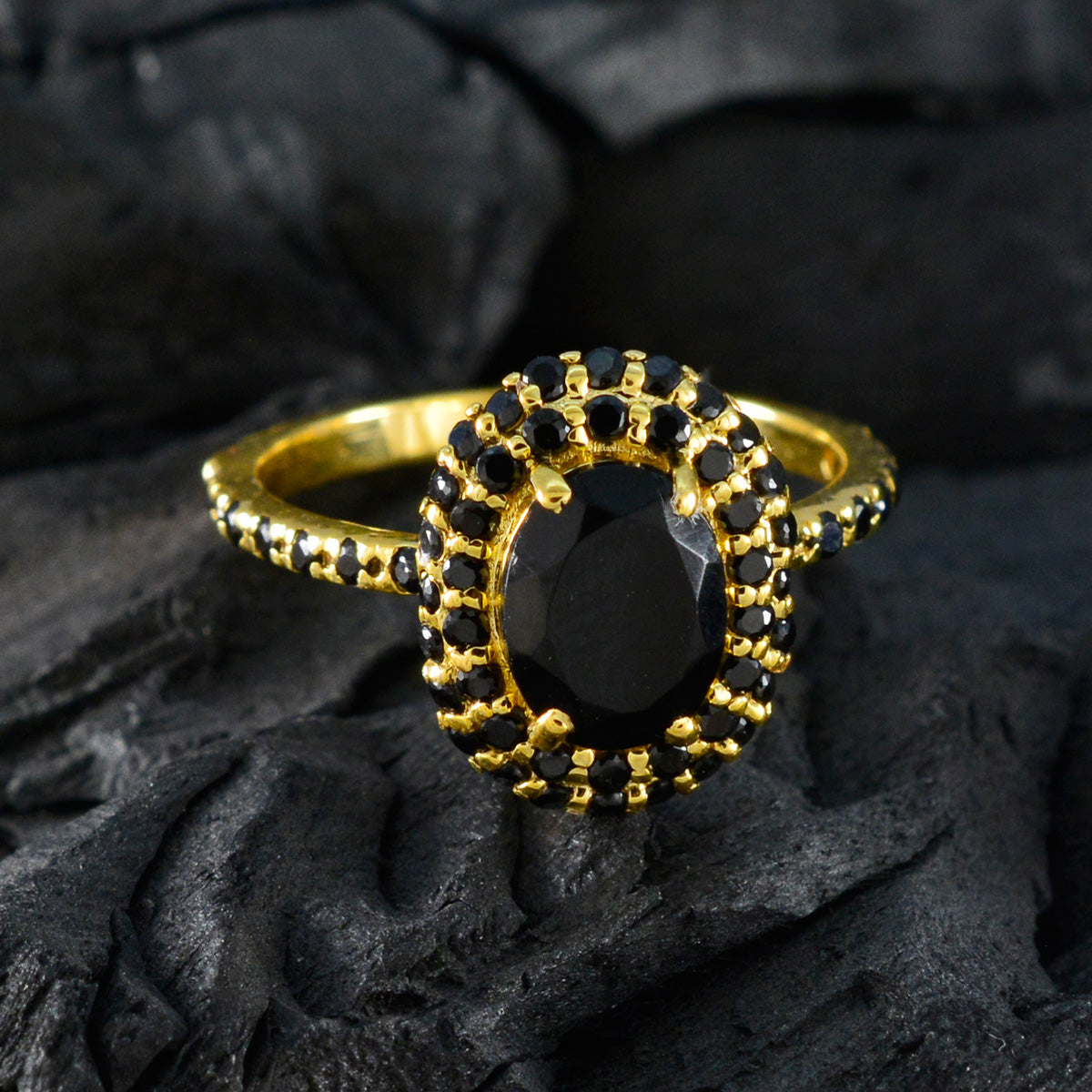 Riyo-Edelstein-Silberring mit gelber Vergoldung, schwarzem Onyx-Stein, ovale Form, Krappenfassung, Schmuck, Cocktail-Ring