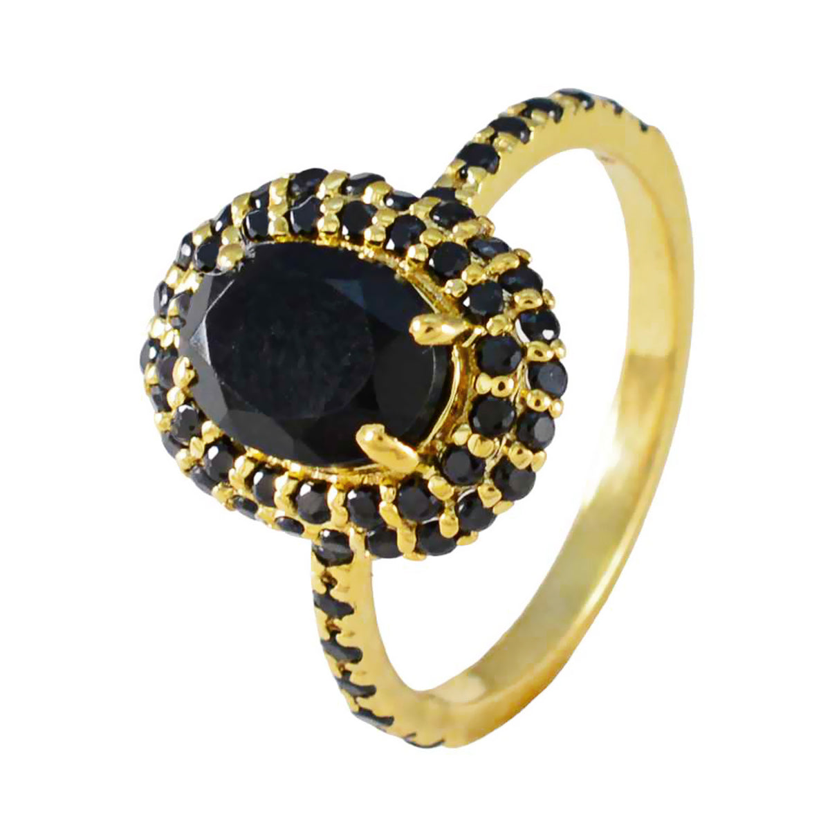 Riyo Edelsteen Zilveren Ring Met Geel Goud Plating Zwarte Onyx Steen Ovale Vorm Prong Setting Sieraden Cocktail Ring