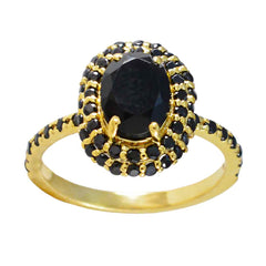 Riyo-Edelstein-Silberring mit gelber Vergoldung, schwarzem Onyx-Stein, ovale Form, Krappenfassung, Schmuck, Cocktail-Ring