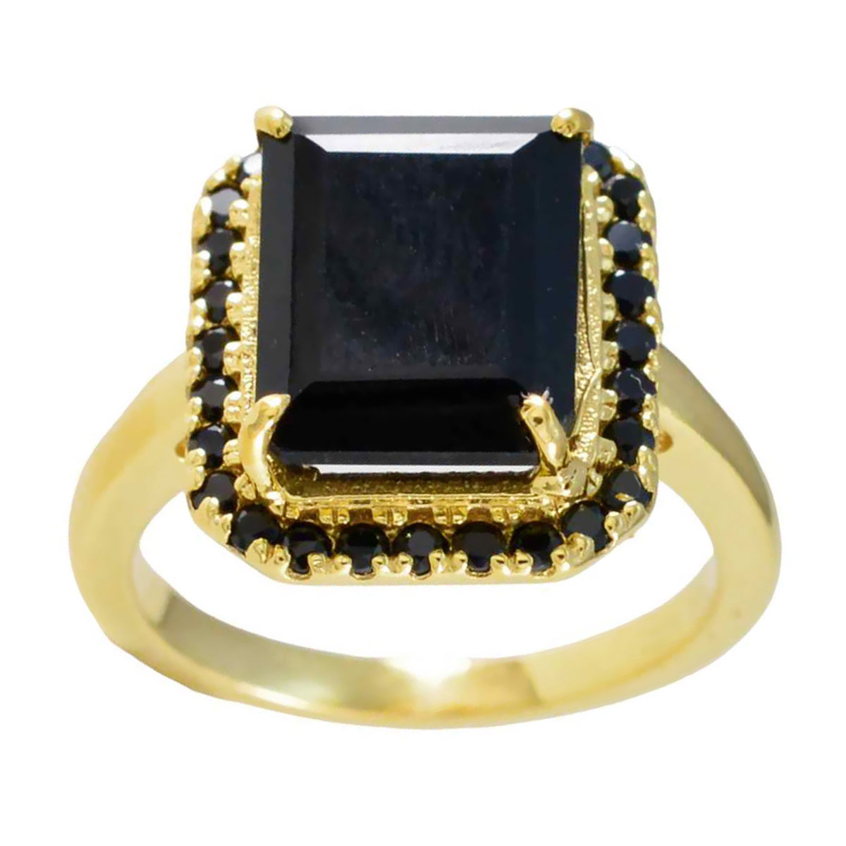 Precioso anillo de plata riyo con chapado en oro amarillo, piedra de ónix negro, engaste de punta en forma de octágono, joyería antigua, anillo de Pascua