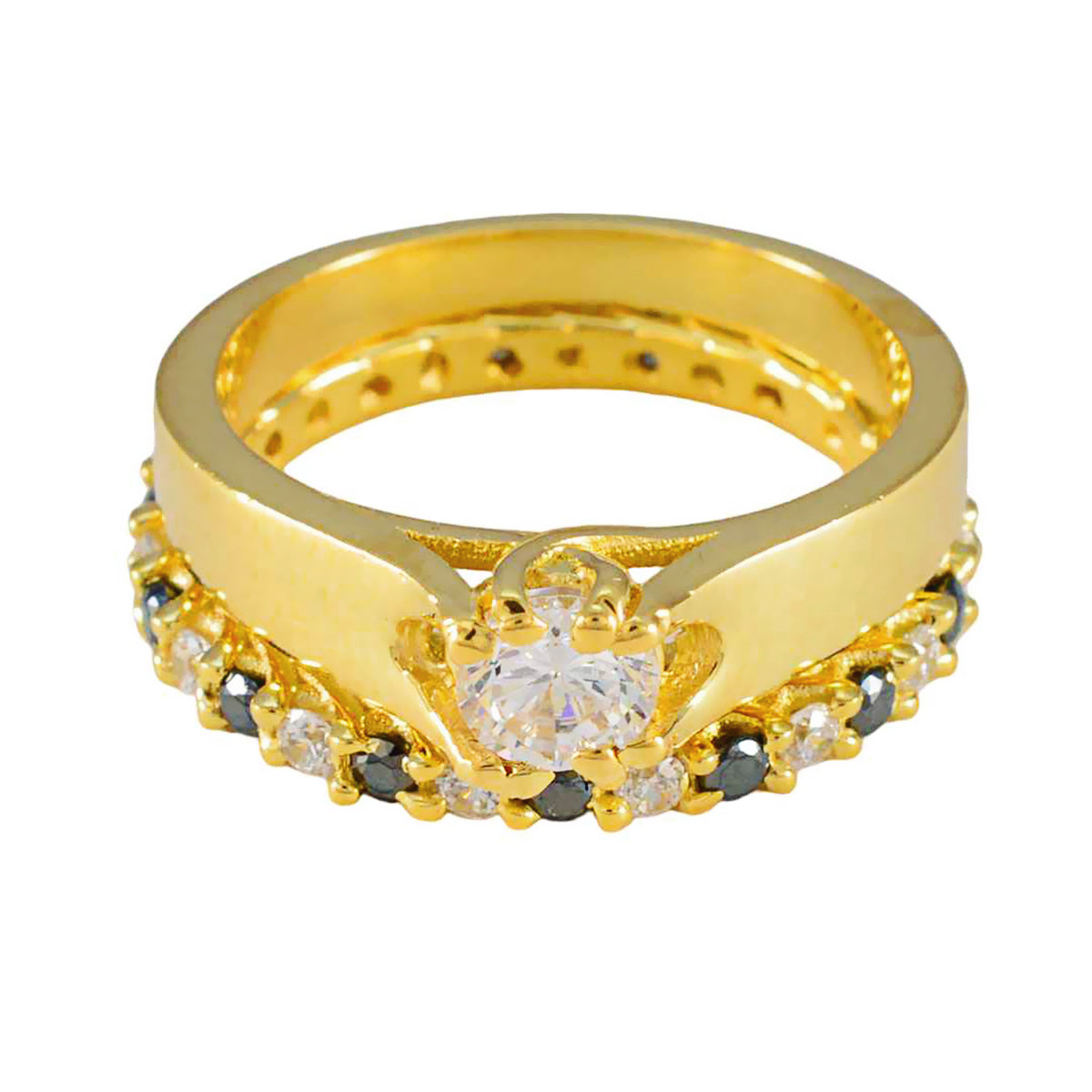 Riyo en vrac bague en argent avec placage en or jaune saphir bleu cz pierre forme ronde sertissage bijoux de mariée bague de fiançailles