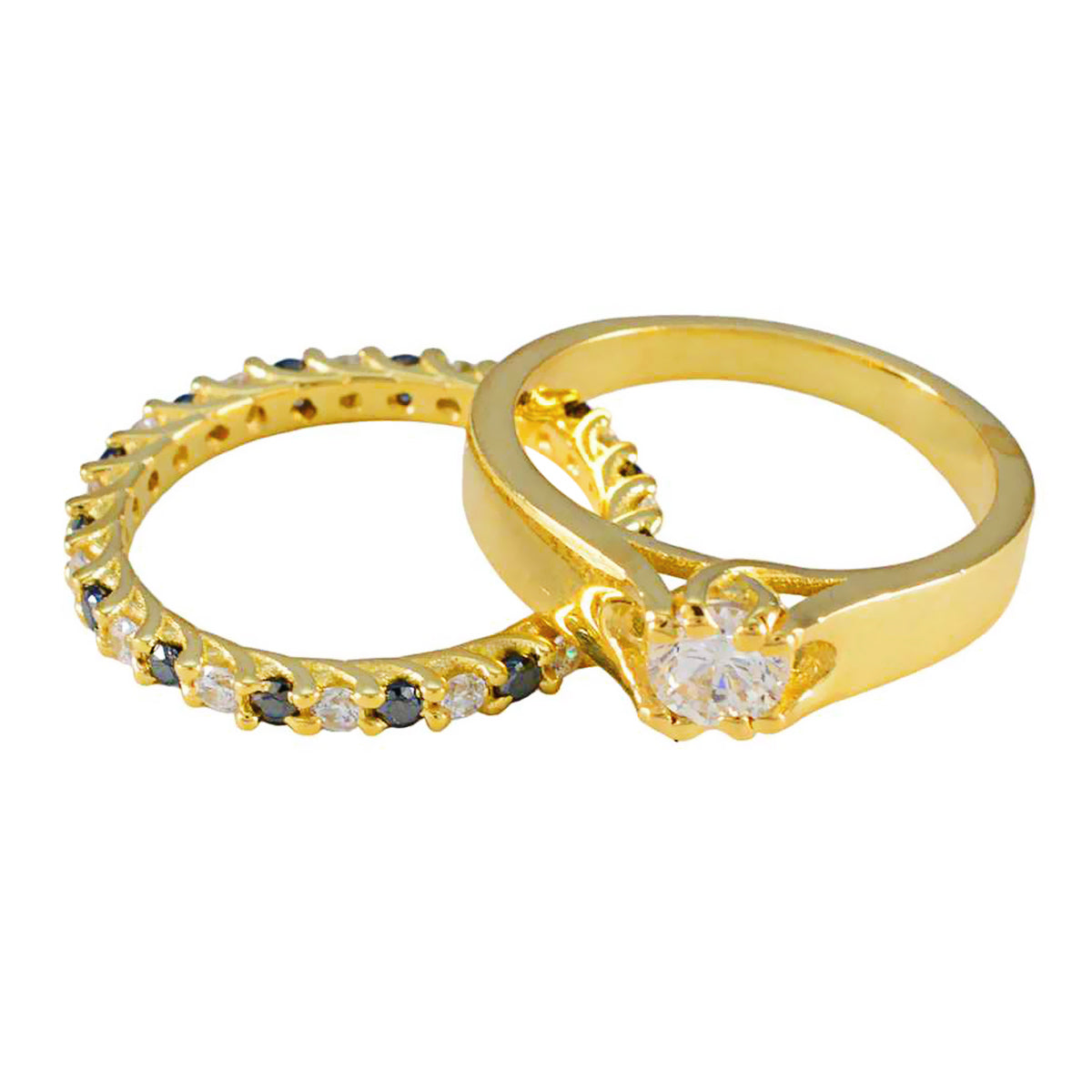 Riyo a granel anillo de plata con chapado en oro amarillo zafiro azul cz piedra forma redonda ajuste de punta anillo de compromiso de joyería nupcial