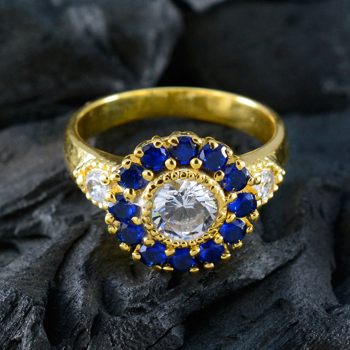 Riyo In Quantity Silver Ring With Yellow Gold Plating Blue Sapphire CZ Stone Round Shape Prong Setting Handamde Jewelry Fathers Day Ring