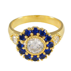 Серебряное кольцо riyo в количестве с покрытием из желтого золота, синий сапфир, камень cz, круглая форма, закрепка зубца, ювелирные изделия ручной работы, кольцо на день отца