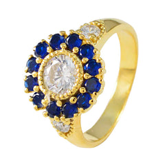 Riyo In Quantity Silver Ring With Yellow Gold Plating Blue Sapphire CZ Stone Round Shape Prong Setting Handamde Jewelry Fathers Day Ring
