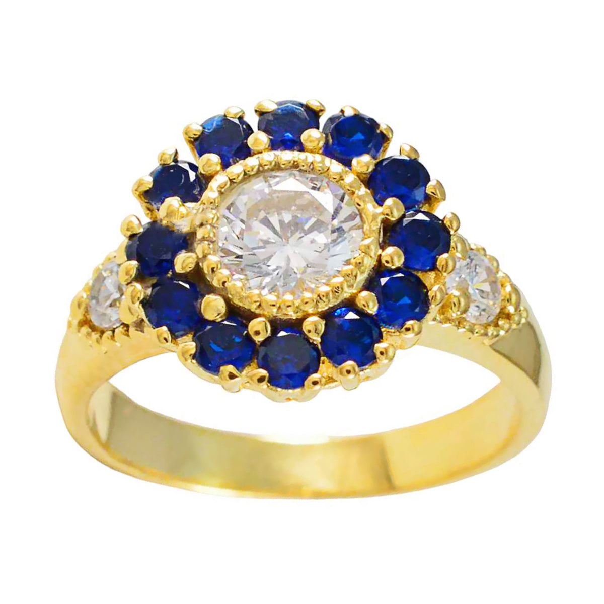 riyo i kvantitet silverring med gul guldplätering blå safir cz sten rund form stiftinställning handamde smycken fars dag ring