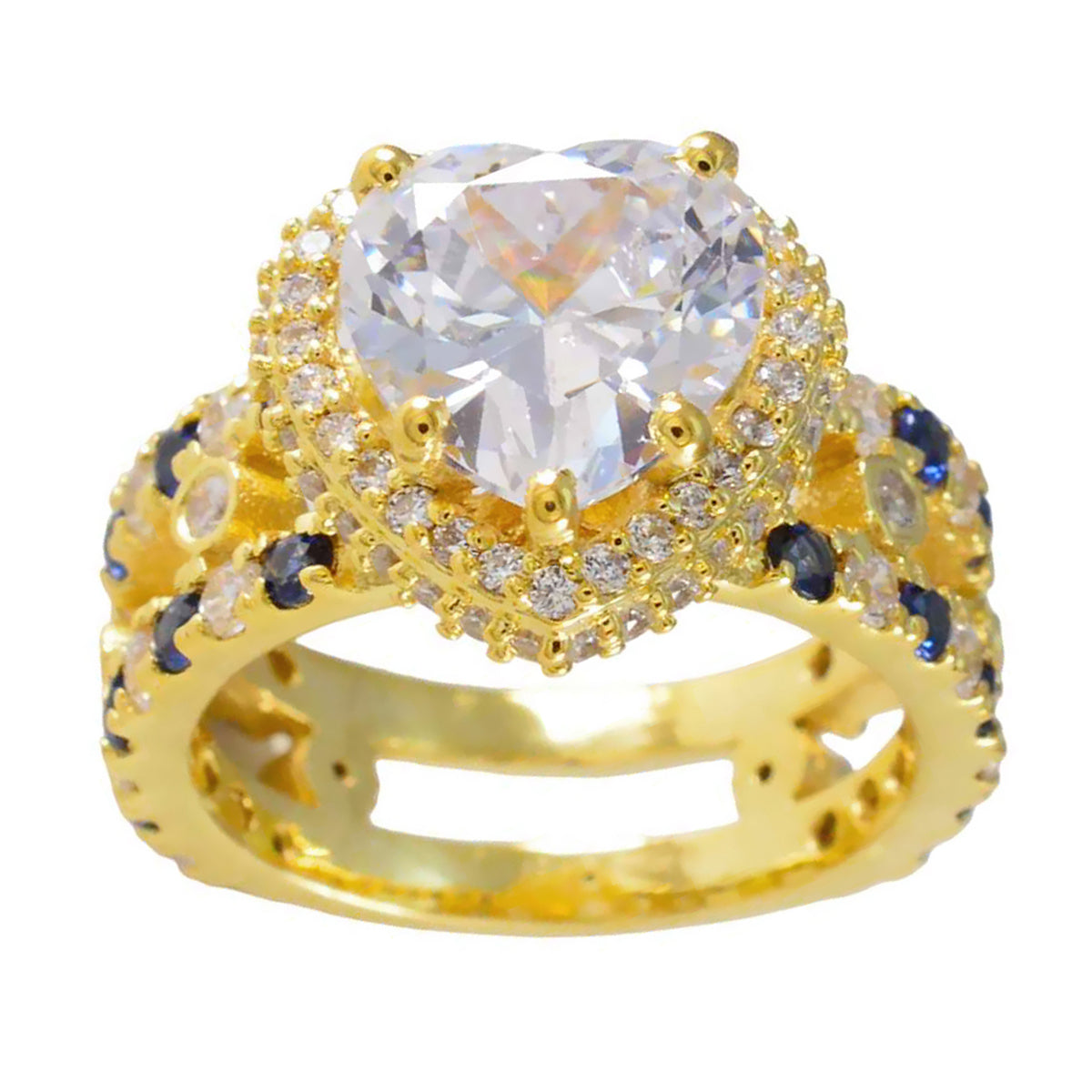 Anillo de plata riyo india con chapado en oro amarillo, zafiro azul, piedra cz, ajuste de punta en forma de corazón, joyería personalizada, anillo de graduación
