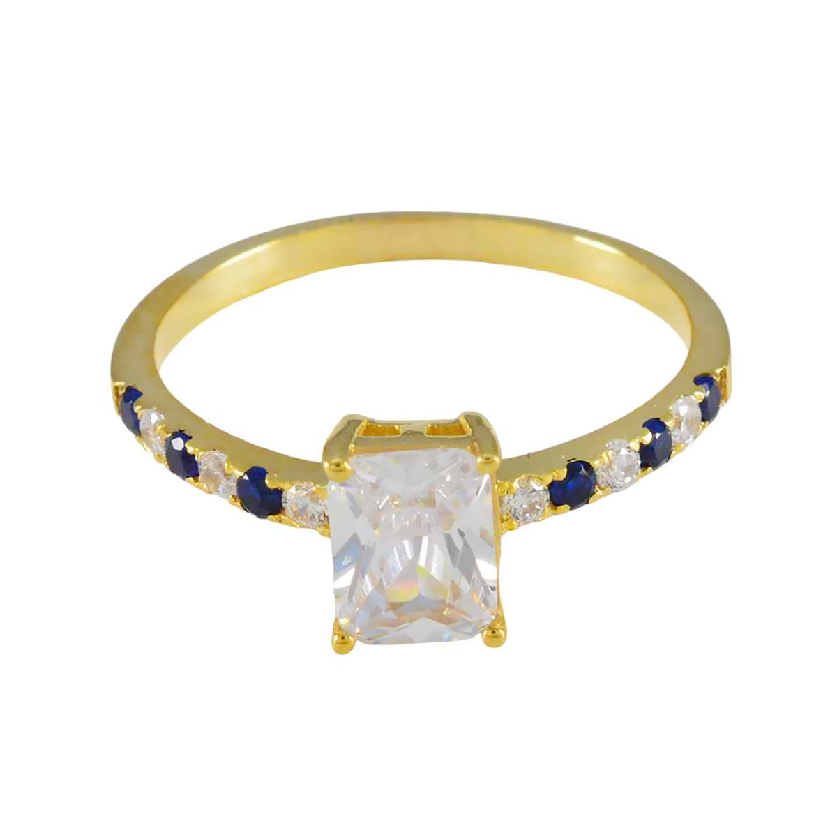 Riyo Indian Silver Ring With Yellow Gold Plating Blue Sapphire CZ Stone Octagon Shape Prong Setting Stylish Jewelry Halloween Ring