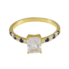 Riyo Indian Silver Ring With Yellow Gold Plating Blue Sapphire CZ Stone Octagon Shape Prong Setting Stylish Jewelry Halloween Ring